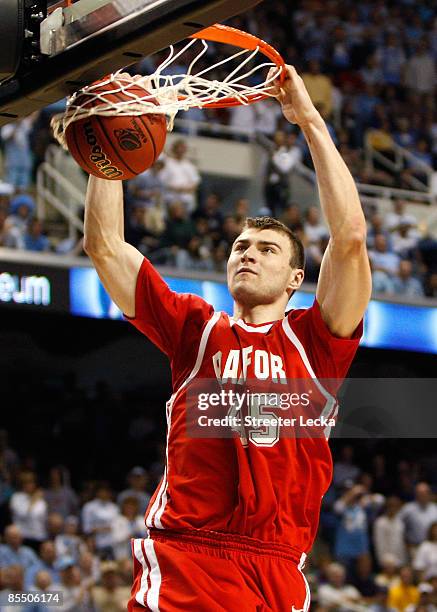 Artsiom Parakhouski of the Radford Highlanders dunks against the North Carolina Tar Heels during the first round of the NCAA Division I Men's...