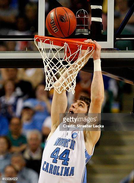 Tyler Zeller of the North Carolina Tar Heels fails to dunk against the Radford Highlanders during the first round of the NCAA Division I Men's...