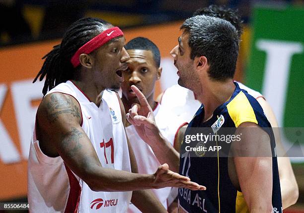Dutch basketball player Avis Wyatt from EclipseJet MyGuide quarels with Proteas' Goran Nikolic from Cyprus during the quarter finals of the...