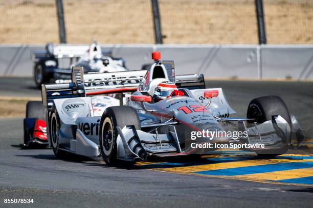 Will Power in the Chevrolet powered, Verizon Team Penske IR12 at the bus stop during warm-up for the Verizon Indycar Series, GoPro Grand Prix of...