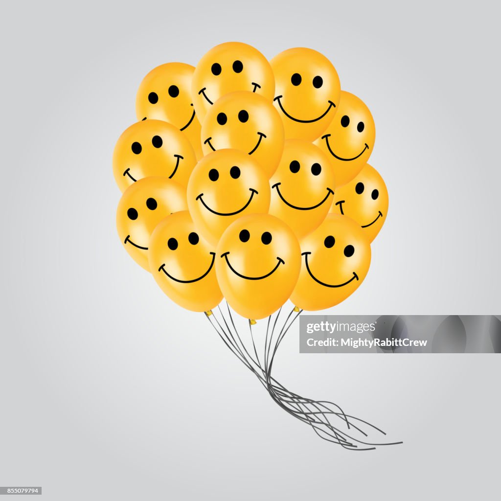 Realistic Yellow Balloons With Smiley Cartoon Face Flying For Party Or  Celebrations Isolated On Light Background High-Res Vector Graphic - Getty  Images