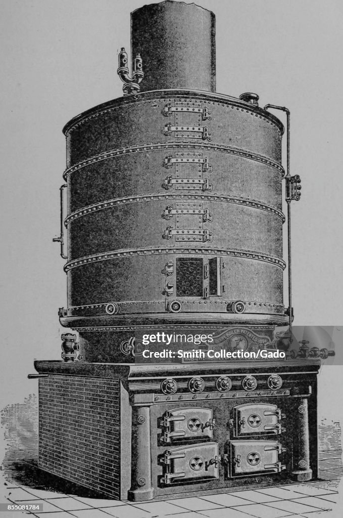 First Boiler Engine Engraved image, an engineering illustration of an early boiler, used ...