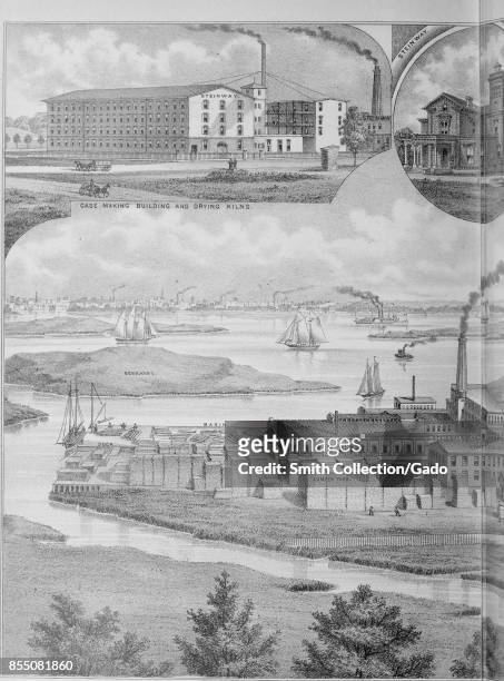 Engraved image showing multiple views of the Steinway and Sons piano factory in Astoria, New York, 1882. Courtesy Internet Archive. .