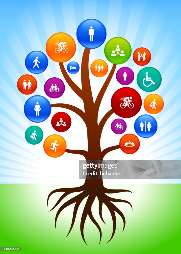 Mensen en moderne leven pictogrammen op boom en hemelachtergrond