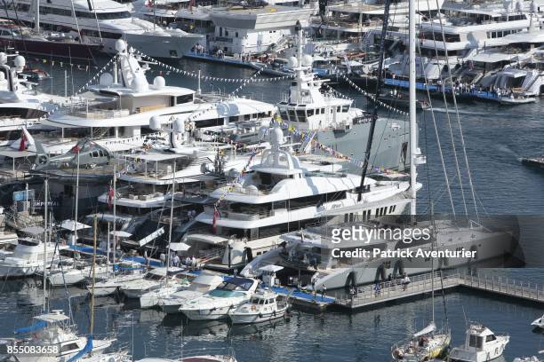 Yachts are moored at the Hercules Port in Monaco for the 27th edition of the International Monaco Yacht Show on September 28, 2017 in Monaco,...