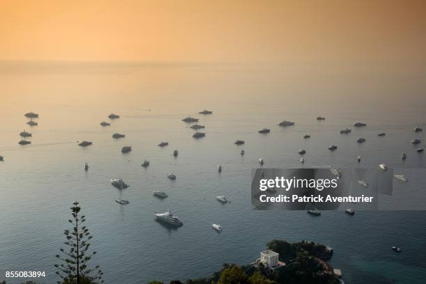 Yachts are moored at the Hercules Port in Monaco for the 27th edition of the International Monaco Yacht Show on September 28, 2017 in Monaco,...