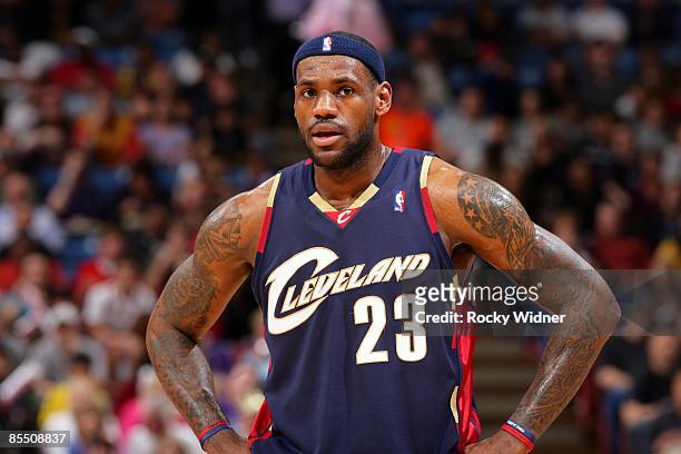 LeBron James of the Cleveland Cavaliers looks on during the game against the Sacramento Kings at Arco Arena on March 13, 2009 in Sacramento,...