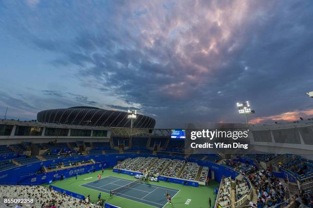 General view of the center court and court 1 of Optics Valley International Tennis Center during the ladies doubles quarterfinal between Peng Shuai...