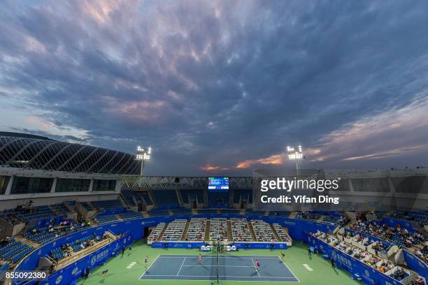 General view of the center court and court 1 of Optics Valley International Tennis Center during the ladies doubles quarterfinal between Peng Shuai...