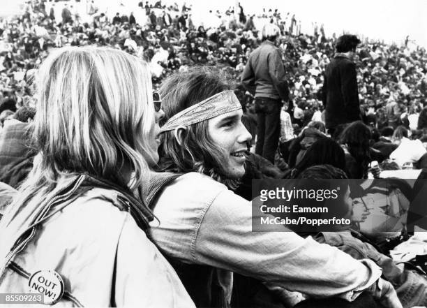 Rock music fans attend the Altamont Free Concert at the Altamont Speedway in California, United States on 6th December 1969. Bands playing at the...