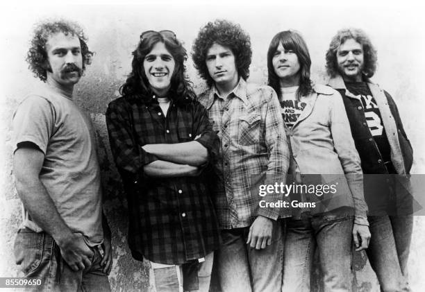 Photo of EAGLES; L-R: Bernie Leadon, Glenn Frey, Don Henley, Randy Meisner, Don Felder - posed, group shot, c.1974/1975