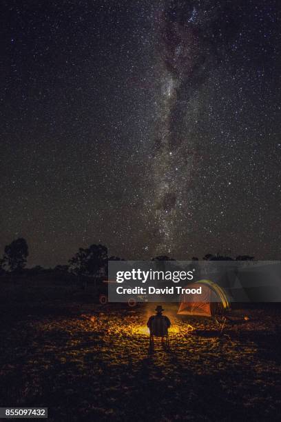 camping in a tent under the milky way. - distant fire stock pictures, royalty-free photos & images