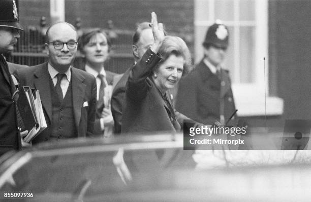 Margaret Thatcher PM pictured outside Downing Street, London, 30th November 1982. Prime Minister leaving Downing Street after one of her staff,...