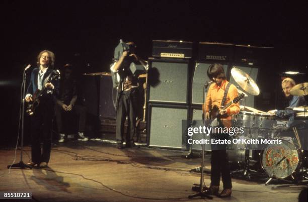 Photo of CREAM, L-R: Jack Bruce, John Peel , Eric Clapton, Ginger Baker performing live onstage at farewell concert, with Marshall amplifiers