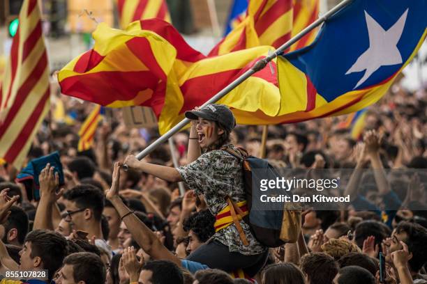 Students demonstrate against the position of the Spanish government to ban the Self-determination referendum of Catalonia during a university...