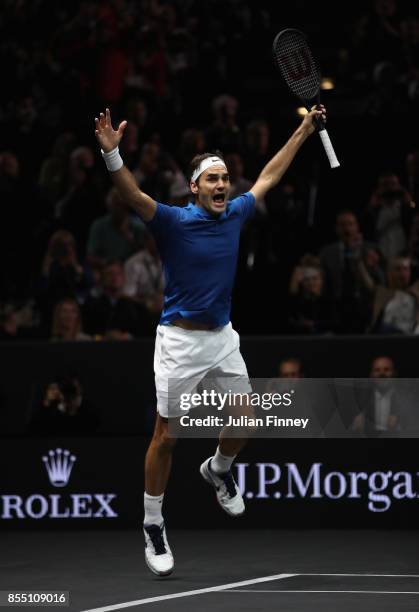 Roger Federer of Team Europe celebrates defeating Nick Kyrgios of Team World to win the Laver Cup during the final day of the Laver Cup at the O2...