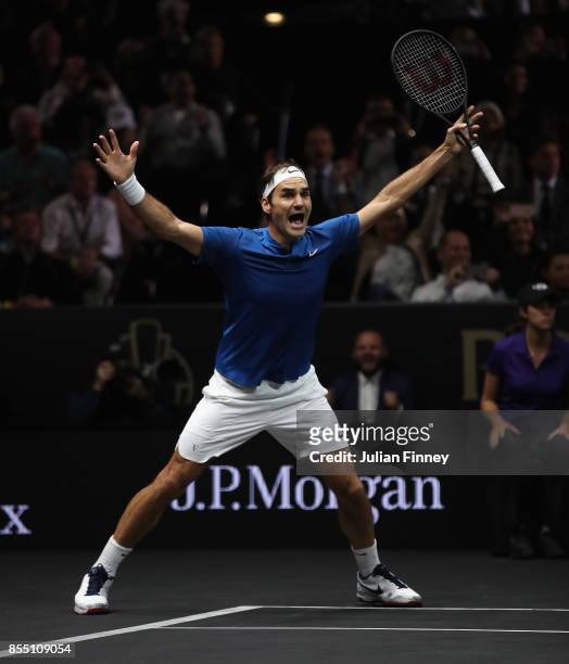 Roger Federer of Team Europe celebrates defeating Nick Kyrgios of Team World to win the Laver Cup during the final day of the Laver Cup at the O2...