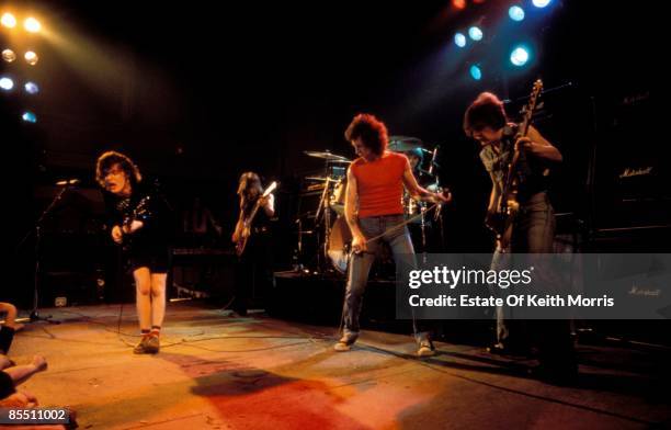 Photo of AC DC and AC/DC; L-R: Angus Young, Malcolm Young, Bon Scott, Phil Rudd, Mark Evans performing live onstage at Kursuaal Ballroom