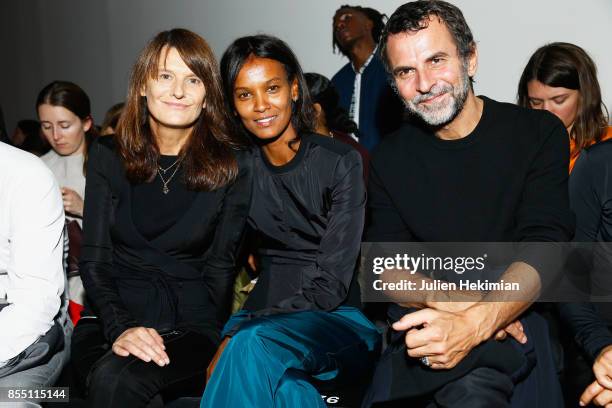 Marie Amelie Sauve, Liya Kebede Kebede and Eric Lartigau attend the Paco Rabanne show as part of the Spring Summer 2018 Womenswear Show at Grand...