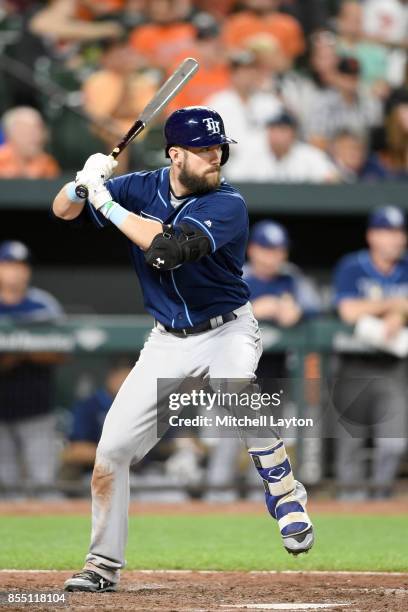 Steven Souza Jr. #20 of the Tampa Bay Rays prepares for a pitch during a baseball game against the Baltimore Orioles at Oriole Park at Camden Yards...