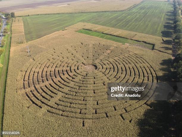 Drone view of a Corn field Labyrinth, near Kobierzyce, Poland, September 28, 2017. The Corn field Labyrinth is made of 100 thousand corn plants 3...