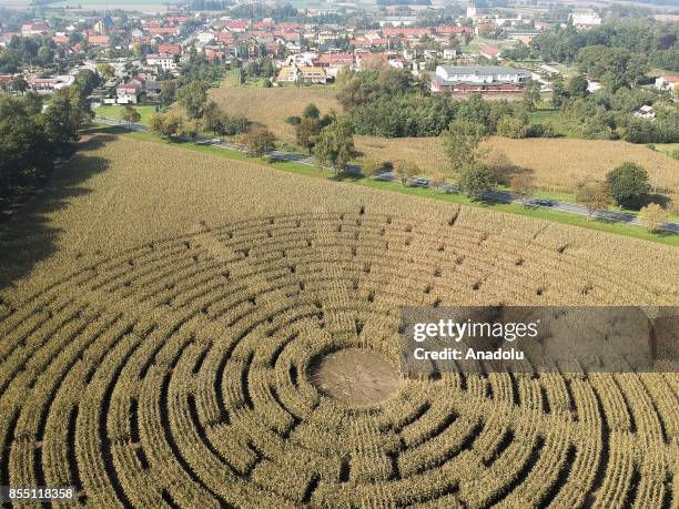 Drone view of a Corn field Labyrinth, near Kobierzyce, Poland, September 28, 2017. The Corn field Labyrinth is made of 100 thousand corn plants 3...