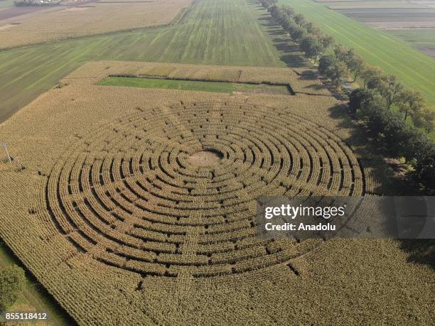 Drone view of a Corn field Labyrinth, near Kobierzyce, Poland, September 28, 2017. The Corn field Labyrinth is made of 100 thousand corn plants 3...