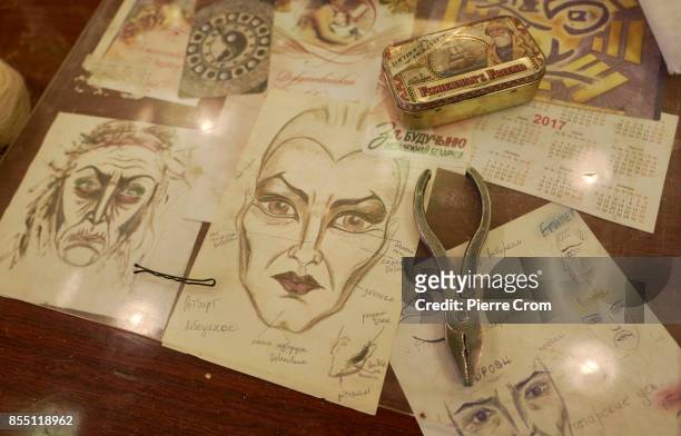 Drawings of make-up are seen in the make-up room of the National Academic Bolshoi Opera and Ballet Theater of the Republic of Belarus prior to a...
