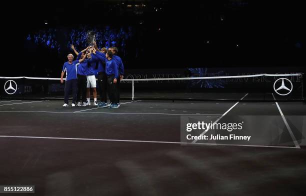 Team Europe celebrate their win over Team World during the final day of the Laver Cup at the O2 Arena on September 24, 2017 in Prague, Czech...