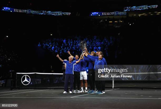 Team Europe celebrate their win over Team World during the final day of the Laver Cup at the O2 Arena on September 24, 2017 in Prague, Czech...