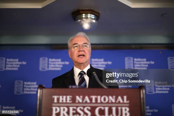 Heath and Human Services Secretary Tom Price delivers remarks during an event to promote the flu vaccine at the National Press Club September 28,...