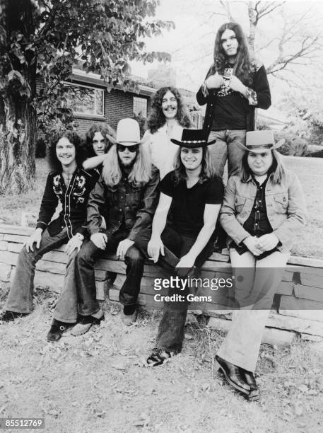 Photo of Allen COLLINS and Billy POWELL and Gary ROSSINGTON and Leon WILKESON and LYNYRD SKYNYRD and Ed KING and Ronnie VAN ZANT; L-R. Billy Powell,...