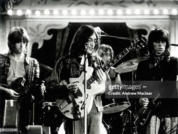 Eric Clapton, John Lennon, Mitch Mitchell and Keith Richards performing live onstage as 'The Dirty Mac' for 'The Rolling Stones Rock and Roll Circus'...