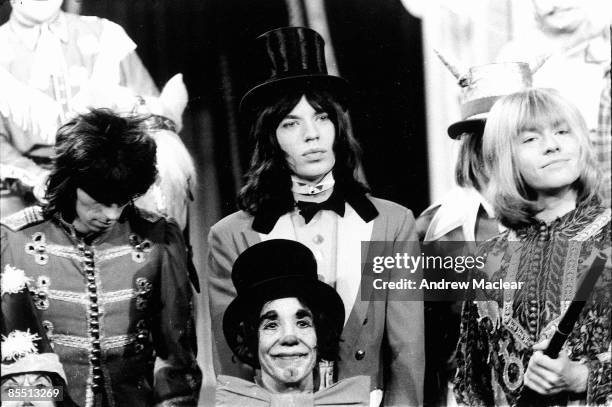 Photo of ROLLING STONES; on the set of 'Rock 'n' Roll Circus' L-R Keith Richards, Mick Jagger, Brian Jones