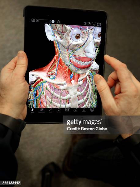Visible Body medical illustration is shown on a screen in Newton, MA on Sep. 22, 2017. Visible Body makes a medical illustration product that allows...