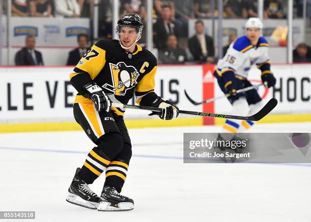 Sidney Crosby of the Pittsburgh Penguins skates during the game against the St. Louis Blues at UPMC Lemieux Sports Complex on September 24, 2017 in...