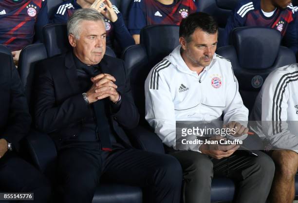 Coach of Bayern Munich Carlo Ancelotti and assistant coach Willy Sagnol during the UEFA Champions League group B match between Paris Saint-Germain...