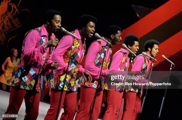 American Vocal Group The Temptations perform on the set of a pop music television show in London on 29th March 1972. Members of the group are, from...