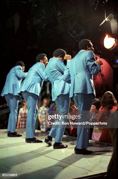 American Vocal Group Four Tops perform on the set of a pop music television show in London circa 1970. Members of the group are, Lawrence Payton ,...