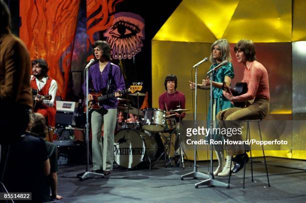 British pop group Pickettywitch, featuring singer Polly Brown, perform on the set of a pop music television show in London in 1970.