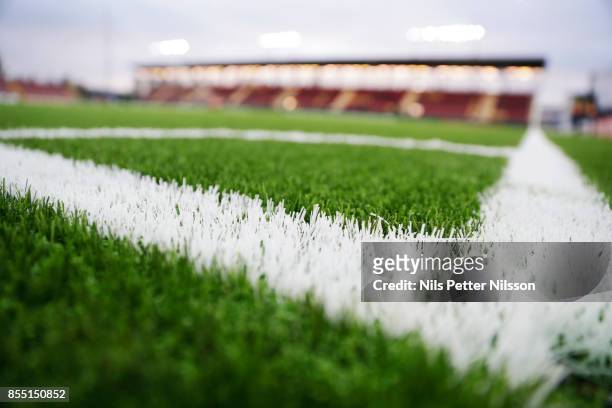 Close up of the pitch prior to the Allsvenskan match between Athletic FC Eskilstuna and IFK Goteborg at Tunavallen on September 25, 2017 in...