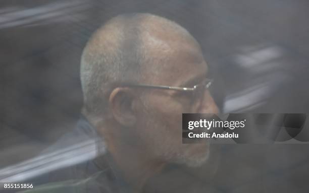 Mohammad Badi, Egyptian Brotherhood supreme guide attends the trial session, known as breaking up the Rabaa el-Adaweya protests case, at Cairo Police...