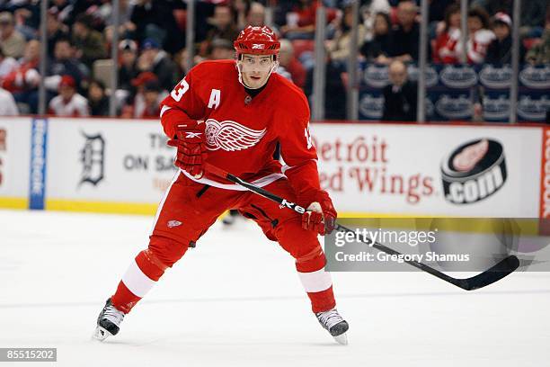 Pavel Datsyuk of the Detroit Red Wings skates against the Calgary Flames during the game on March 12, 2009 at Joe Louis Arena in Detroit, Michigan.