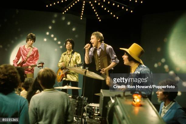 English pop group Love Affair perform on the set of a pop music television show in London circa 1968. Members of the group are, from left, Mick...