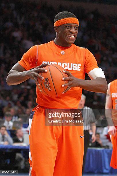 Jonny Flynn of the Syracuse Orange reacts on court against the Connecticut Huskies during the quarterfinals of the Big East Tournament at Madison...