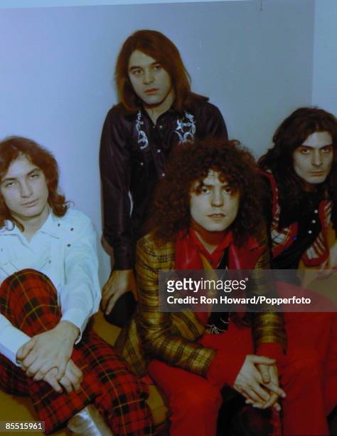 English group T. Rex posed backstage in London circa 1972. Members of the band are, from left, Steve Currie , Bill Legend , Marc Bolan and Mickey...
