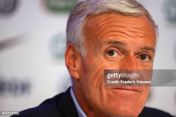 French football team head coach Didier Deschamps gives a press conference at the French Football Federation headquarters on September 28, 2017 in...