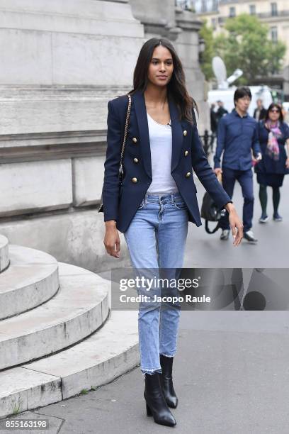 Cindy Bruna is seen arriving at Balmain fashion show during the Paris Fashion Week Womenswear Spring/Summer 2018 on September 28, 2017 in Paris,...