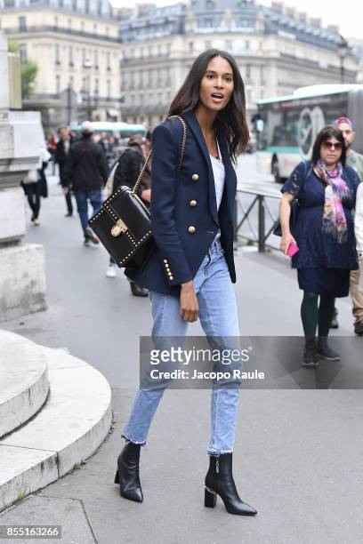 Cindy Bruna is seen arriving at Balmain fashion show during the Paris Fashion Week Womenswear Spring/Summer 2018 on September 28, 2017 in Paris,...
