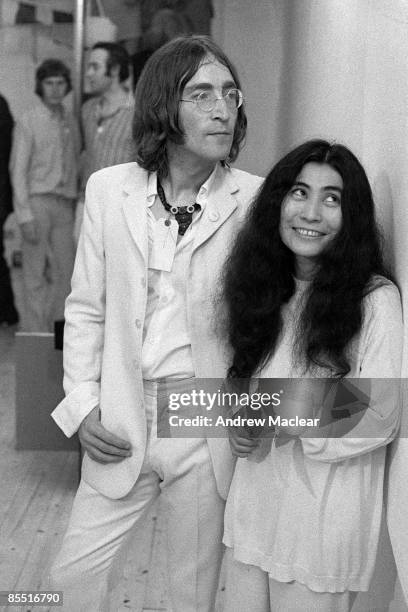 Photo of John LENNON and BEATLES and Yoko ONO; John Lennon with Yoko Ono at the opening of John's You Are Here exhibition at the Robert Fraser...